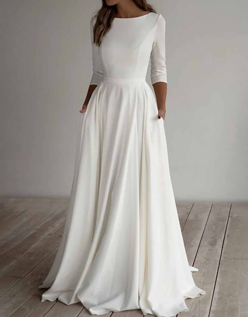 Luolandi A Line 3/4 Sleeves Long Bridal Dress Floor Length Pure Color Wedding Dresses